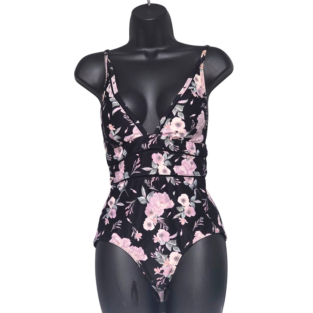 Sea Level Australia Women Black Floral One Piece Swimsuit V-Neck Cutout Size 6